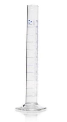 DURAN® Measuring cylinder, hexagonal base, class, A, batch certificate, blue graduation, main points ring graduation, 100 ml