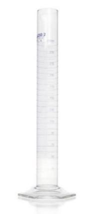 DURAN® Measuring cylinder, hexagonal base, class, A, batch certificate, blue graduation, main points ring graduation, 250 ml