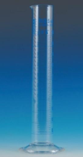 Measuring cylinder 100 ml, tall form, glass, cl.A, blue scale, glass base, batch certified