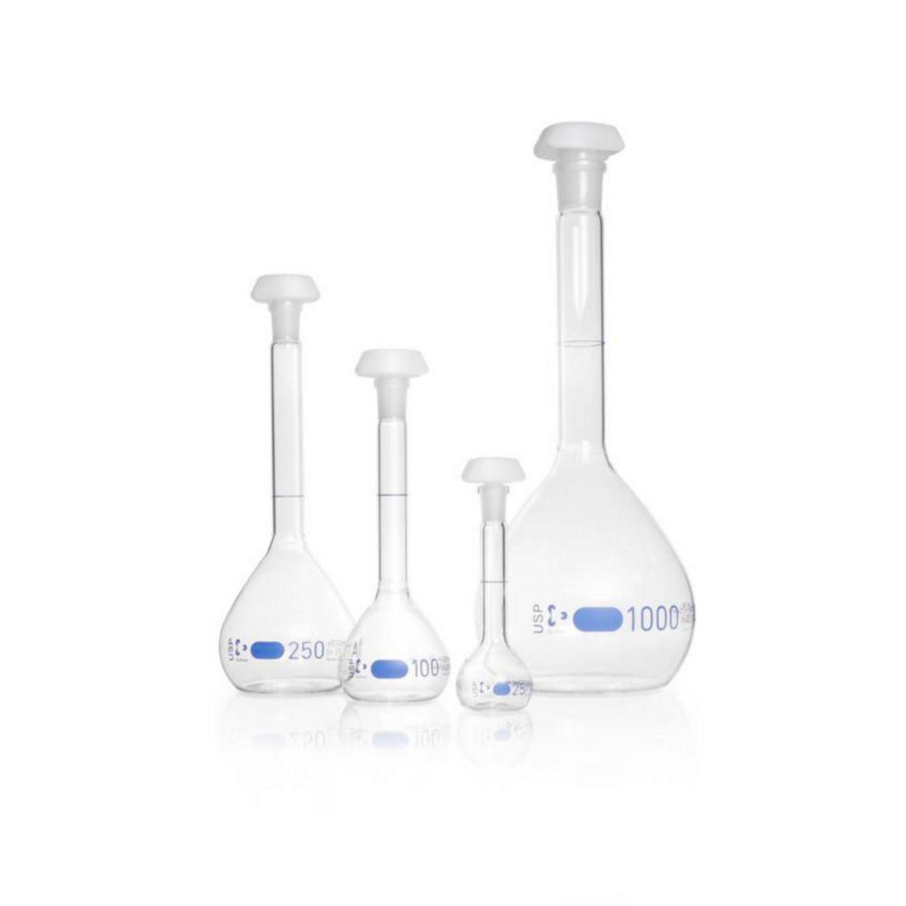 DWK Duran Volumetric Flask 5 ml, Class AW Blue Graduation, USP Conformity, Individual Certificate, One Graduation Mark, Polyethylene Stopper, NS 10/19