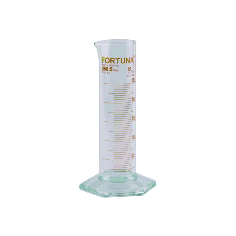 Poulten & Graf Measuring Cylinder 500:10 mL Small Form Class B Borosilicate Glass with Hexagonal Base - Amber Graduation