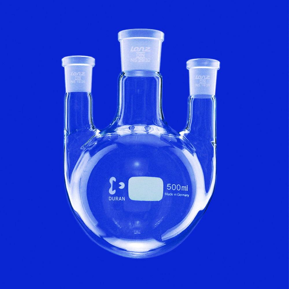 Lenz-Laborglas Round-bottom Flasks, Three-neck, Side Necks Parallel, C. Neck NS 45/40, Side Neck NS 29/32, Cap. ml 100

