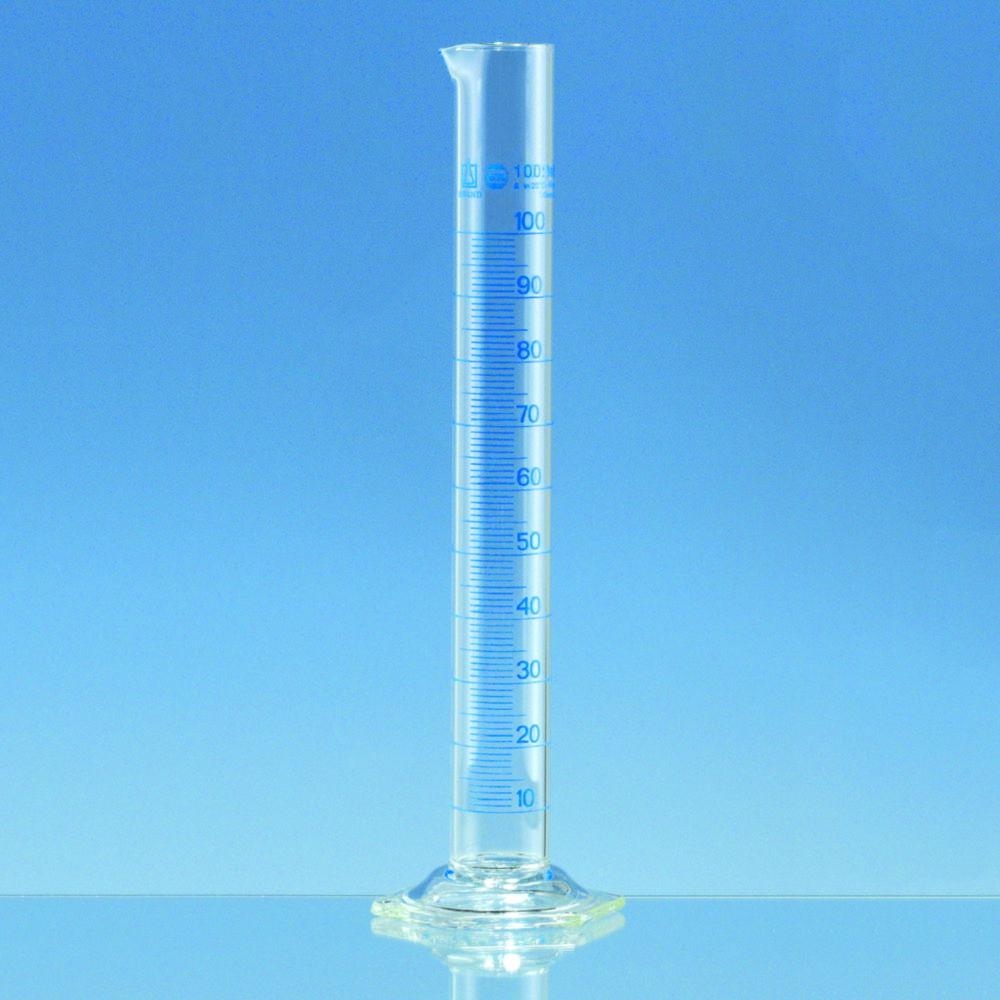 BRAND 25 ml Measuring Cylinder, Tall Form with Drain and Hexagonal Foot, BLAUBRAND, Main Point Ring Division, with Single Certificate


