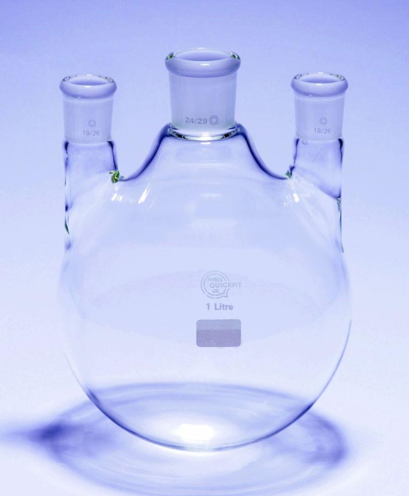 DWK Three-Neck Round Bottom Flask, 1000 mL, Middle Neck NS 24/29, Side Necks NS 19/26 Straight