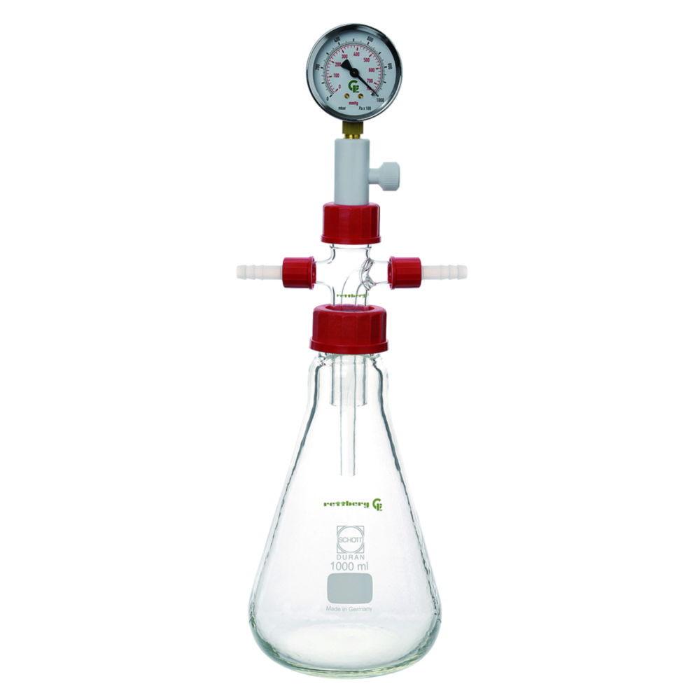 Woulff bottles 1000ml, Erlenmeyer pattern with analogue pressure gange