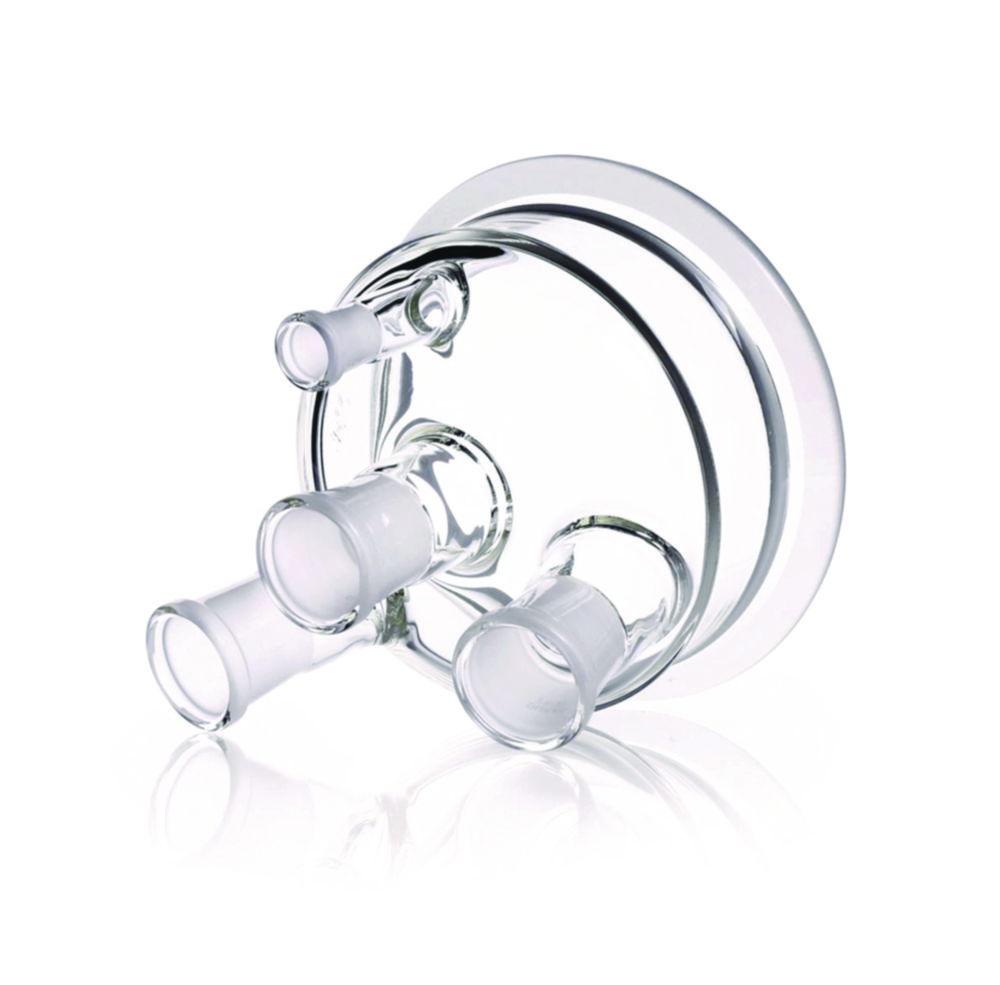 DWK Duran Flat Flange Lid, DN 120, Center Neck NS 29/32, Side Necks 2 x NS 29/32 Angled​