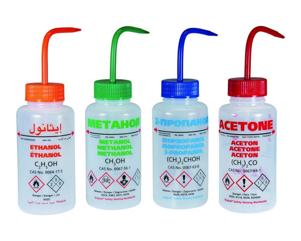 LLG Safety Vented Wash Bottle 500 mL, Isopropanol, with Pressure Control Valve, LDPE, RU/PL/DE/UK
