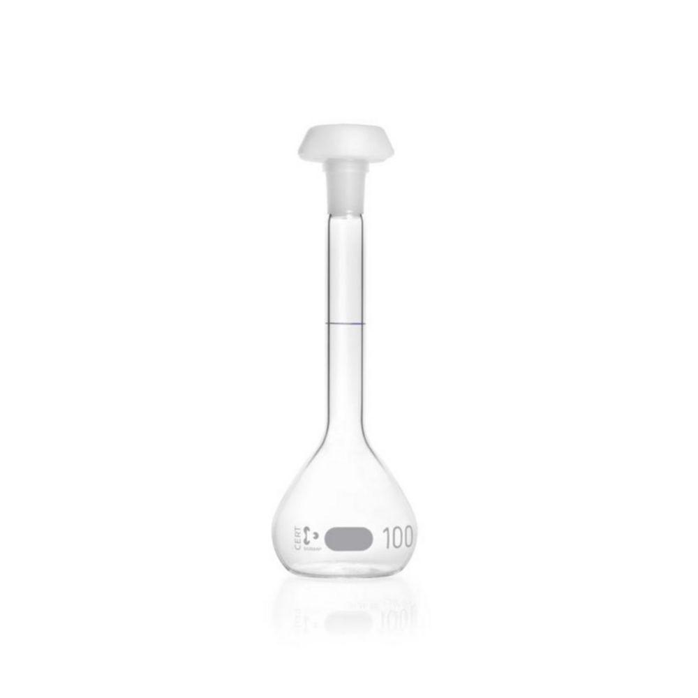 DWK Duran Volumetric Flask 100 ml, Class A, Blue Graduation, Individual Certificate, One Graduation Mark, Polyethylene Stopper, NS 14/23