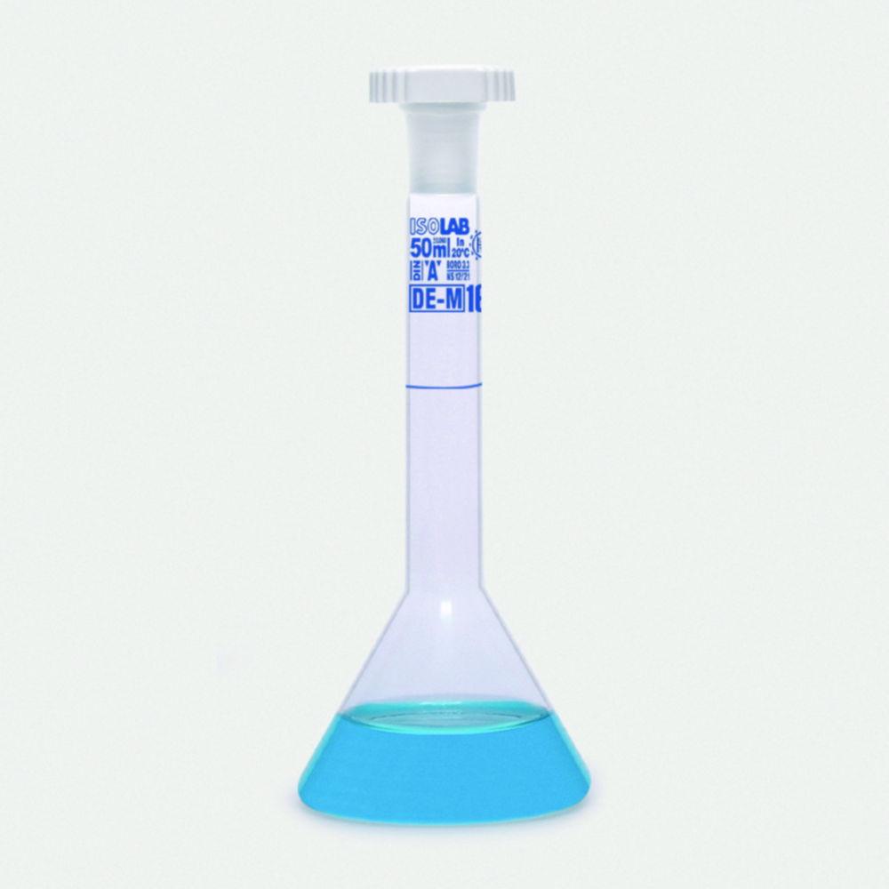 ISOLAB Volumetric Flask 25 mL Clear Trapezoidal Glass Class A NS 10/19 PE Stopper Blue Scale Batch Identification, Pack of 2