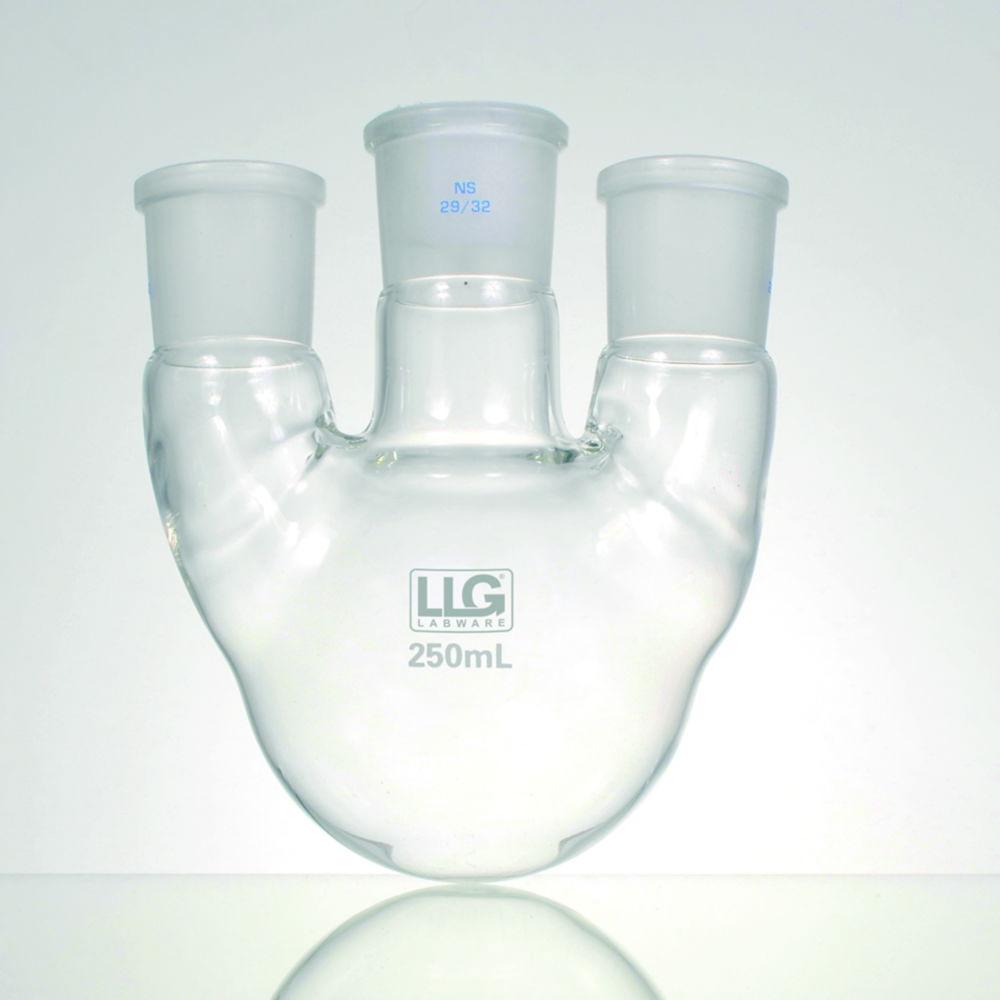 LLG Three Neck Round Bottom Flask, 500 mL, Parallel Side Necks, CN NS 29/32, SN 2x NS 29/32, Parallel, Boro 3.3