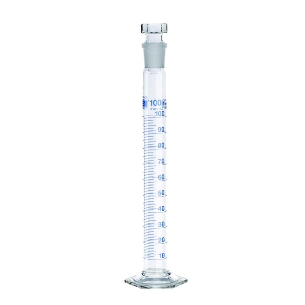 Hirschmann Mixing Cylinder 500 ml, Cl. A KB, Ring Section, Glass Stopper DURAN, Blue Graduated