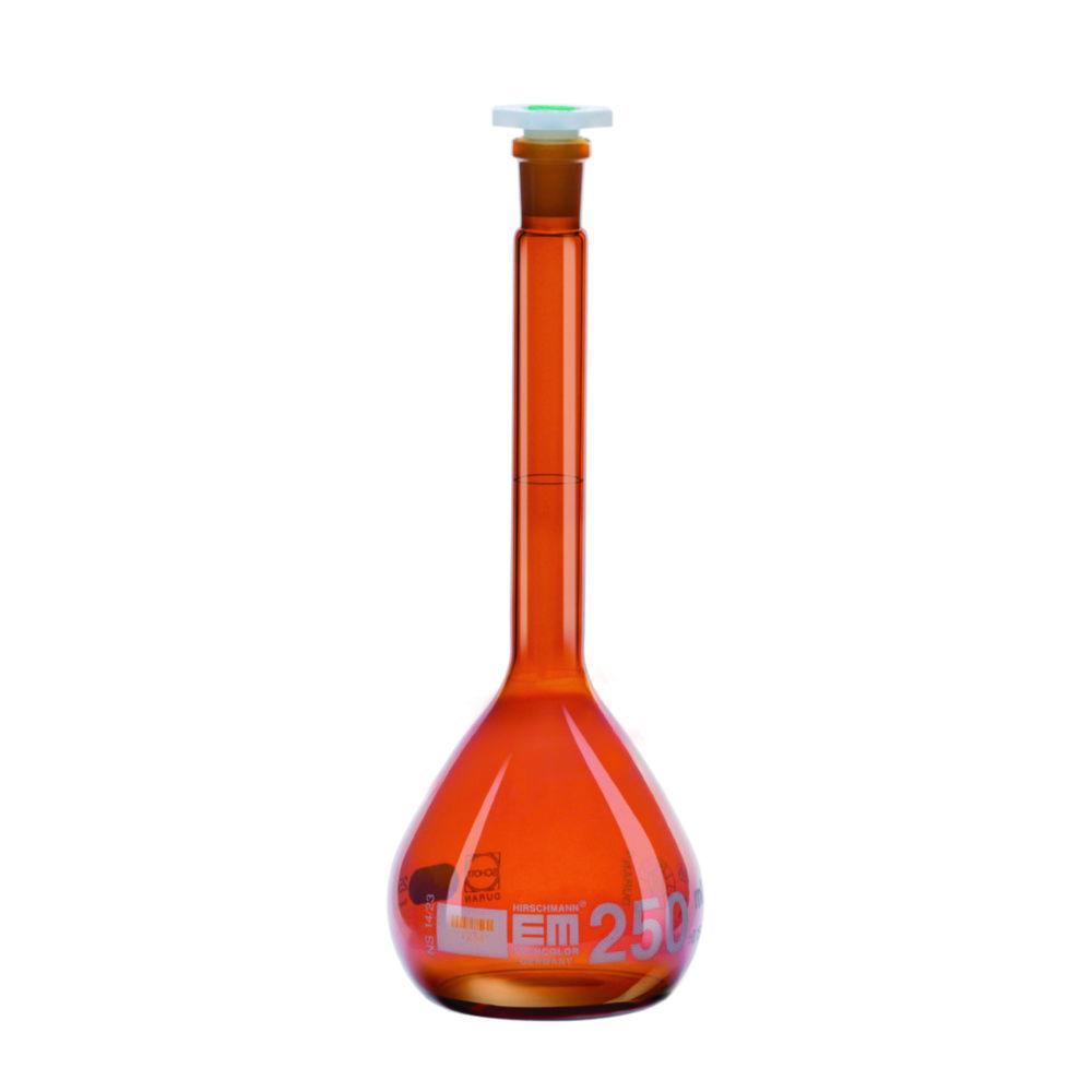 Hirschmann Volumetric Flask 200 ml, Cl. A, Amber, DURAN NS 14/23, PE Stopper, White Graduation