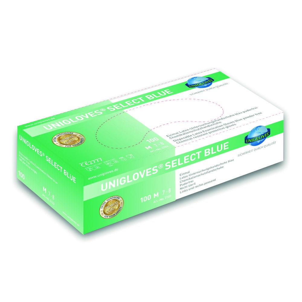 Unigloves Examining Gloves Size L 8-9 "SELECT BLUE", Latex Non-Sterile, Powder-Free, Pack of 100

