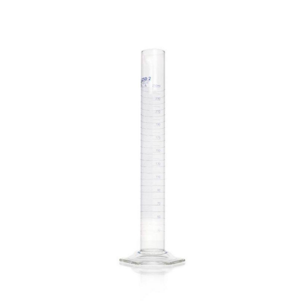 DWK Duran Measuring Cylinder 250 ml, Class A, Batch Certificate, Blue Graduation, Main Points Ring Graduation, Hexagonal Base