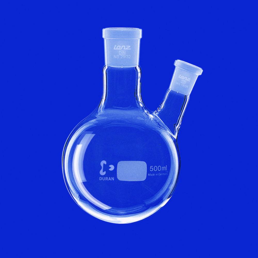 Lenz-Laborglas Round Bottom Flask Two-Neck Angled C-Neck NS 14/23, Side Neck NS 14/23