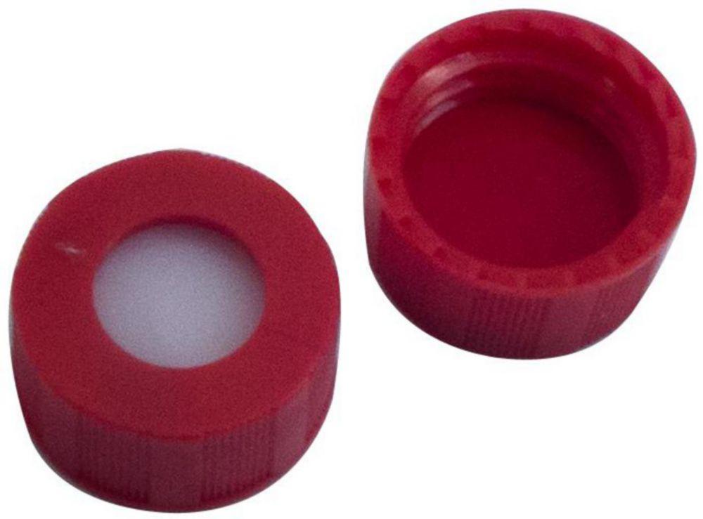 LLG Screw Caps N 9, Red Polypropylene, Center Hole, Silicone White/PTFE Red Septum, 40° Shore A Hardness, 10 mm Thickness, Pack of 100