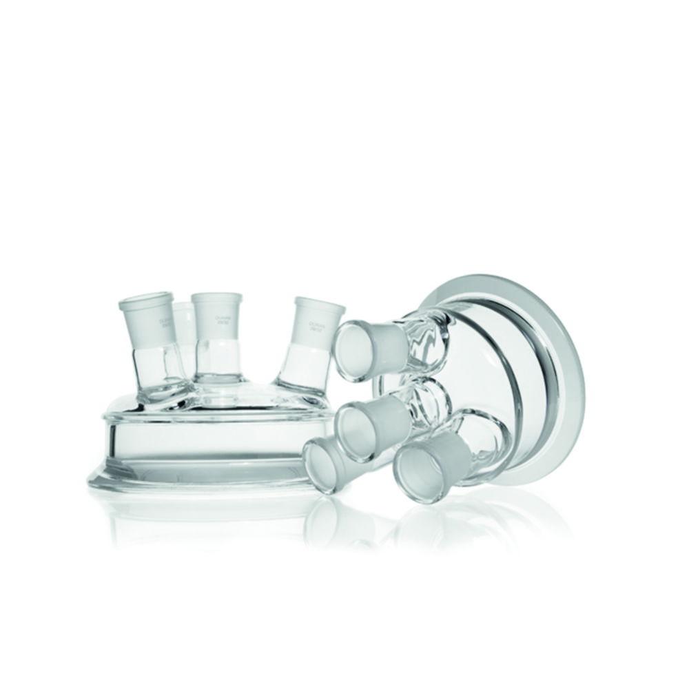 DWK Duran Flat Flange Lid, DN 100, Center Neck NS 29/32, Side Necks 3 x NS 29/32 Angled​