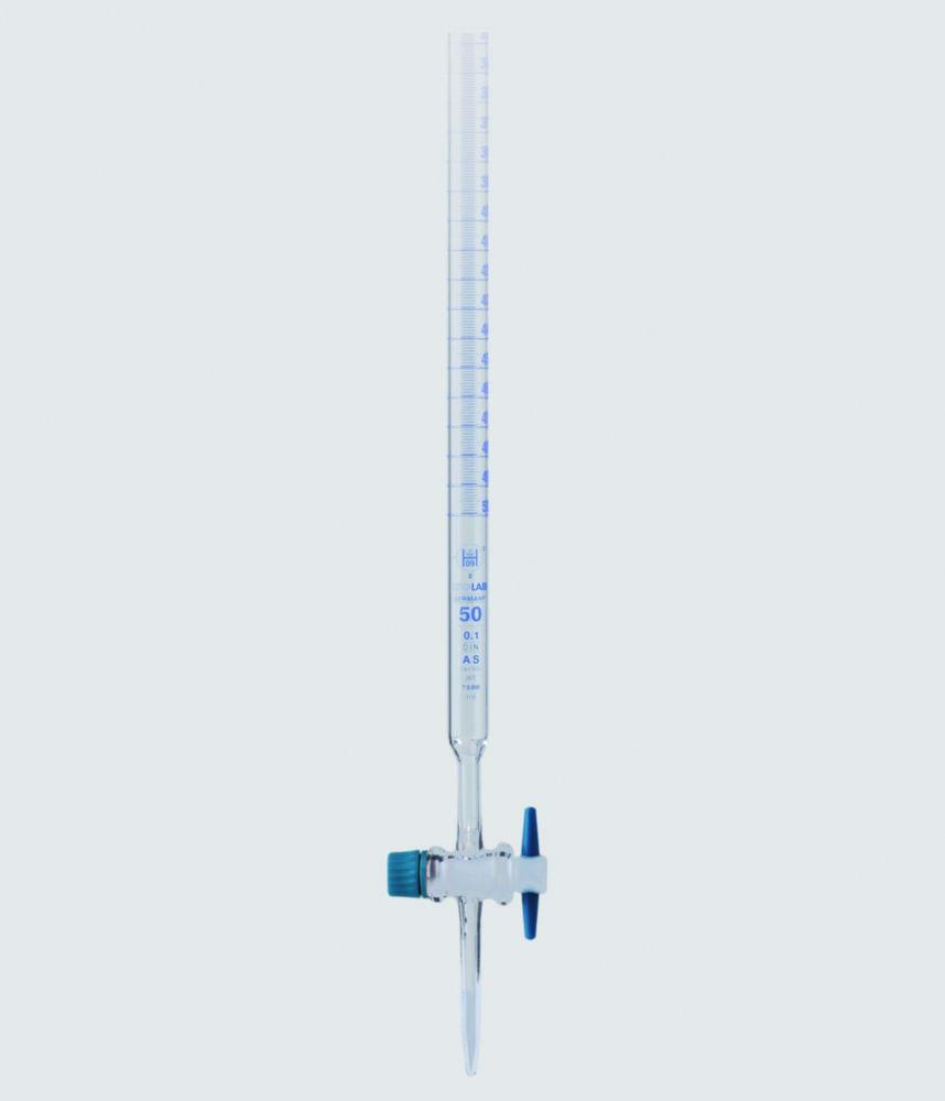 ISOLAB Burette Straight Clear PTFE Stopcock, Class AS Conf, Batch Cert, Schellbach Stripe, Blue Scale, 10 mL