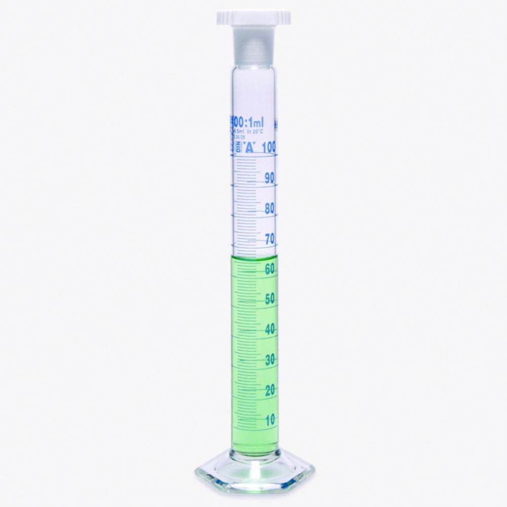 ISOLAB Mixing Cylinder 50 mL, Tall Form Glass, CL A, PP Stopper, Blue Scale, Batch Certified