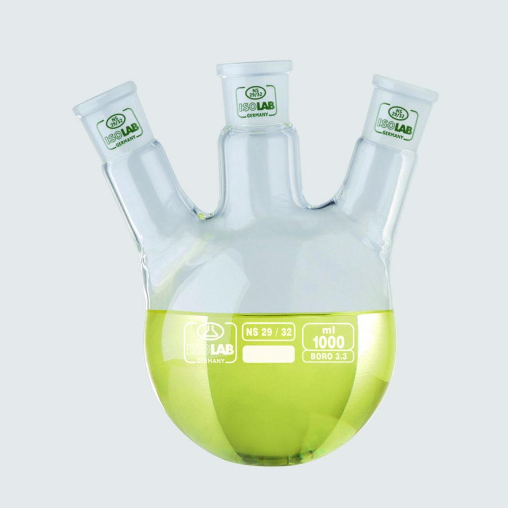 ISOLAB Ground Neck Flask with 3 Joints Angled Side Arm Center Neck NS 29/32 Side Necks NS 14/23 500 mL
