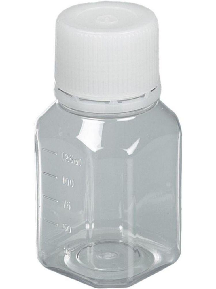 Bürkle Laboratory Bottle 125 ml, PET, Sterile with Tamper-Evident Cap, Moulded Graduation Transparent, Pack of 24
