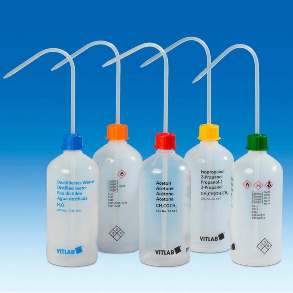VITLAB Safety Washing Bottle 500 ml, Narrow Neck, PE-LD, GL 25, Heptane with VENT CAP Screw Connection