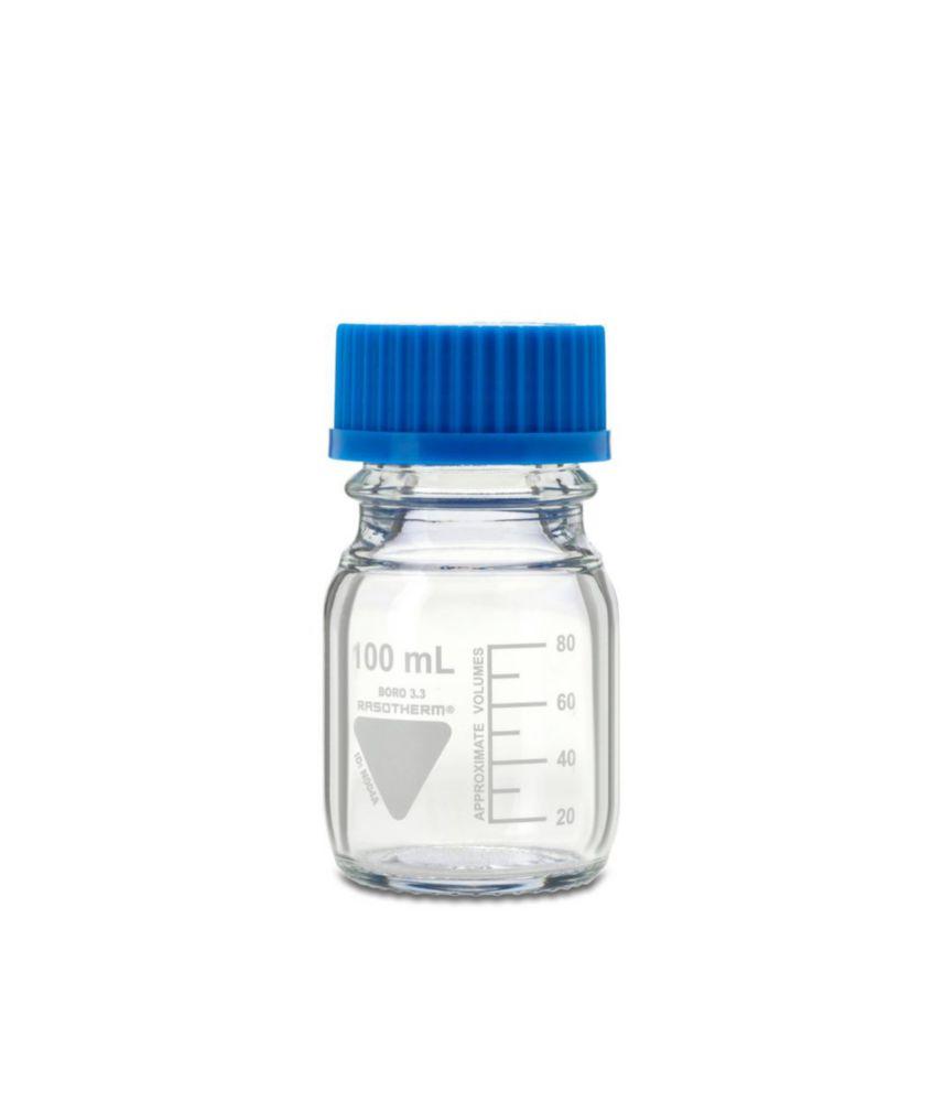 Scherf Laboratory Bottles 100 ml with Blue Cap and Ring, Boro 3.3, GL 45, Pack of 10