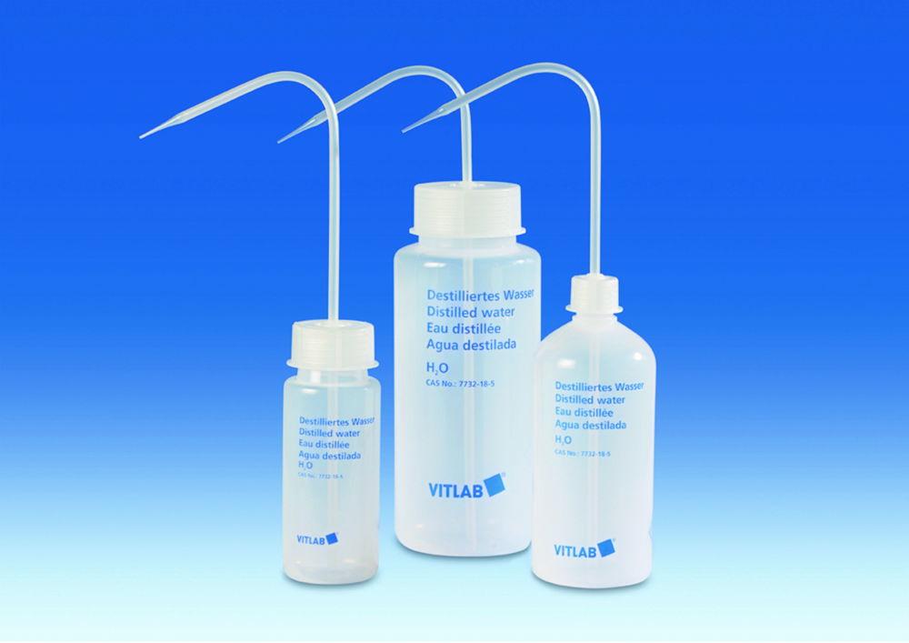 VITLAB Wash Bottle 500 ml, PE-LD, GL 25, Distilled Water, with Wash-Bottle Attachment

