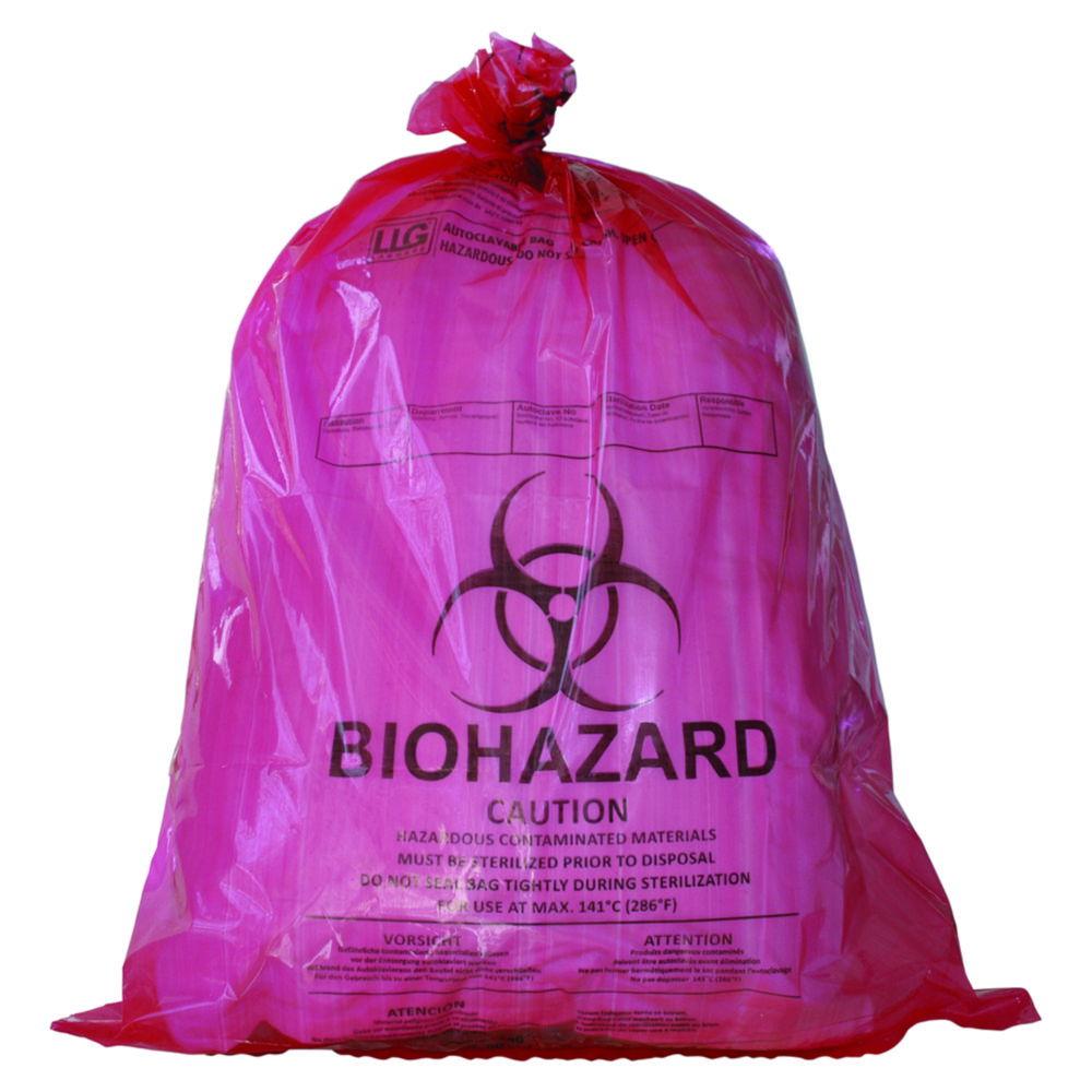 LLG Autoclavable Bags 630x890mm, PP Red 50µm with Biohazard Printing and Sterilization Indicator, Pack of 200