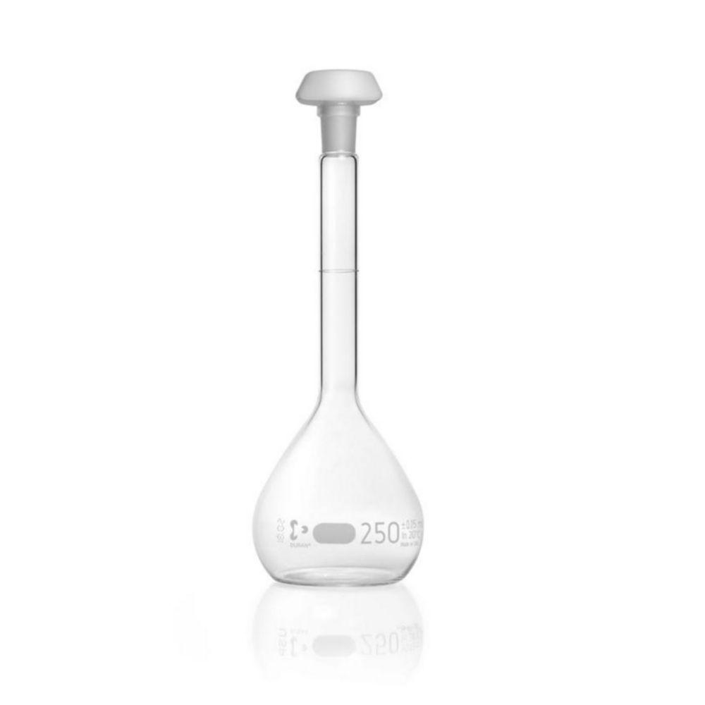 DWK Duran Volumetric Flask 250 ml, Class A Blue Graduation, Batch Certificate, One Graduation Mark, Polyethylene Stopper, NS 14/23