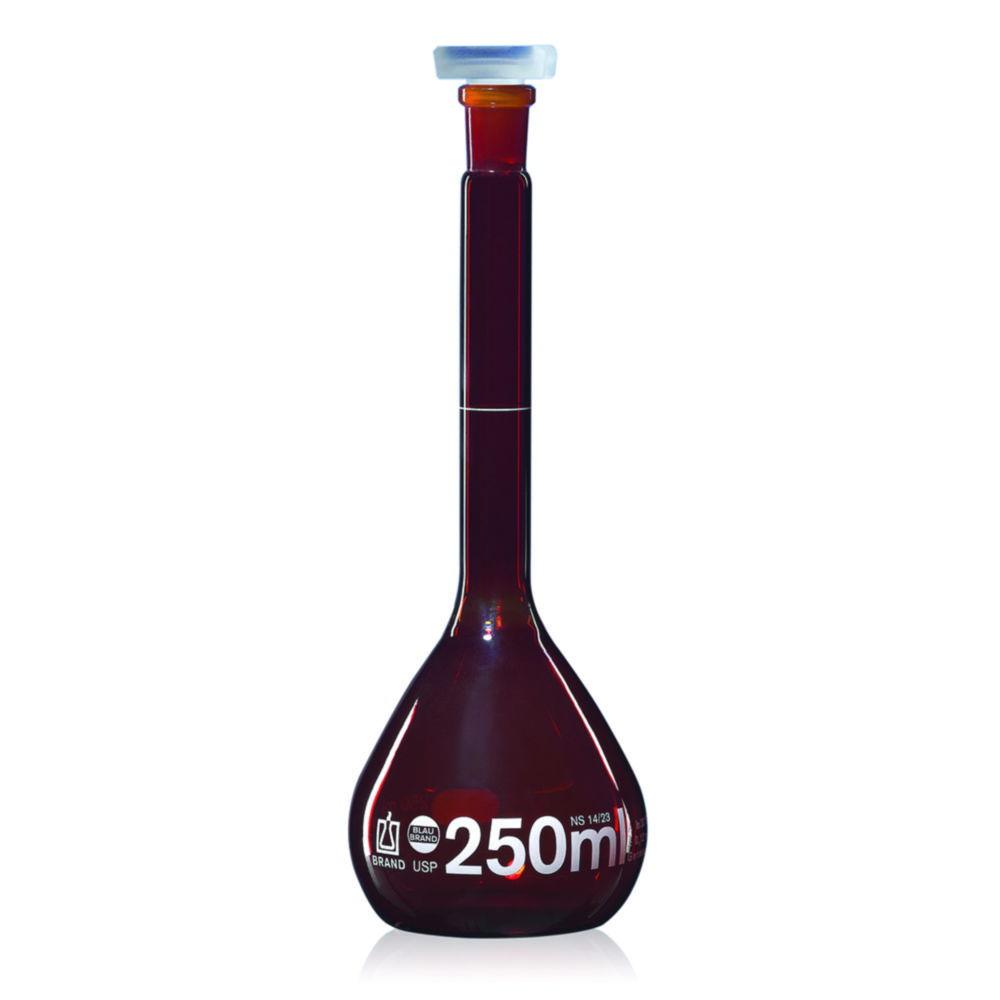 BRAND Volumetric Flask, USP, BLAUBRAND, Class A, DE-M, Amber, 5 ml, NS 10/19, Boro 3.3, with PP Stopper, USP Individual Certificate


