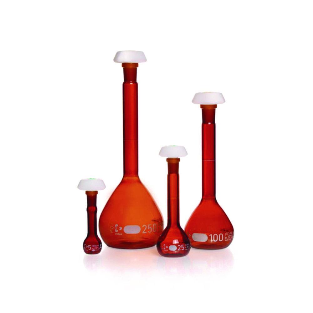 DWK Duran Volumetric Flask 2000 ml, Amber Coloured Class A, White Graduation, Batch Certificate, Polyethylene Stopper, NS 29/32