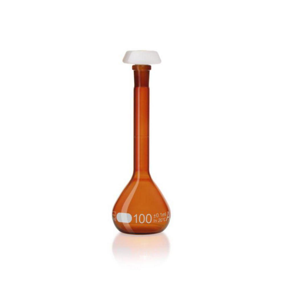 DWK Duran Volumetric Flask 100 ml, Amber Coloured Class A, White Grad., Individual Certificate, One Graduation Mark, Polyethylene Stopper, NS 14/23