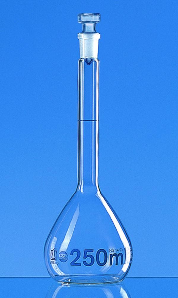 BRAND Volumetric Flasks, Class A, with PP Stopper Cap, 250 ml, Glass Stopper NS 14/23 including DAkkS Certificate

