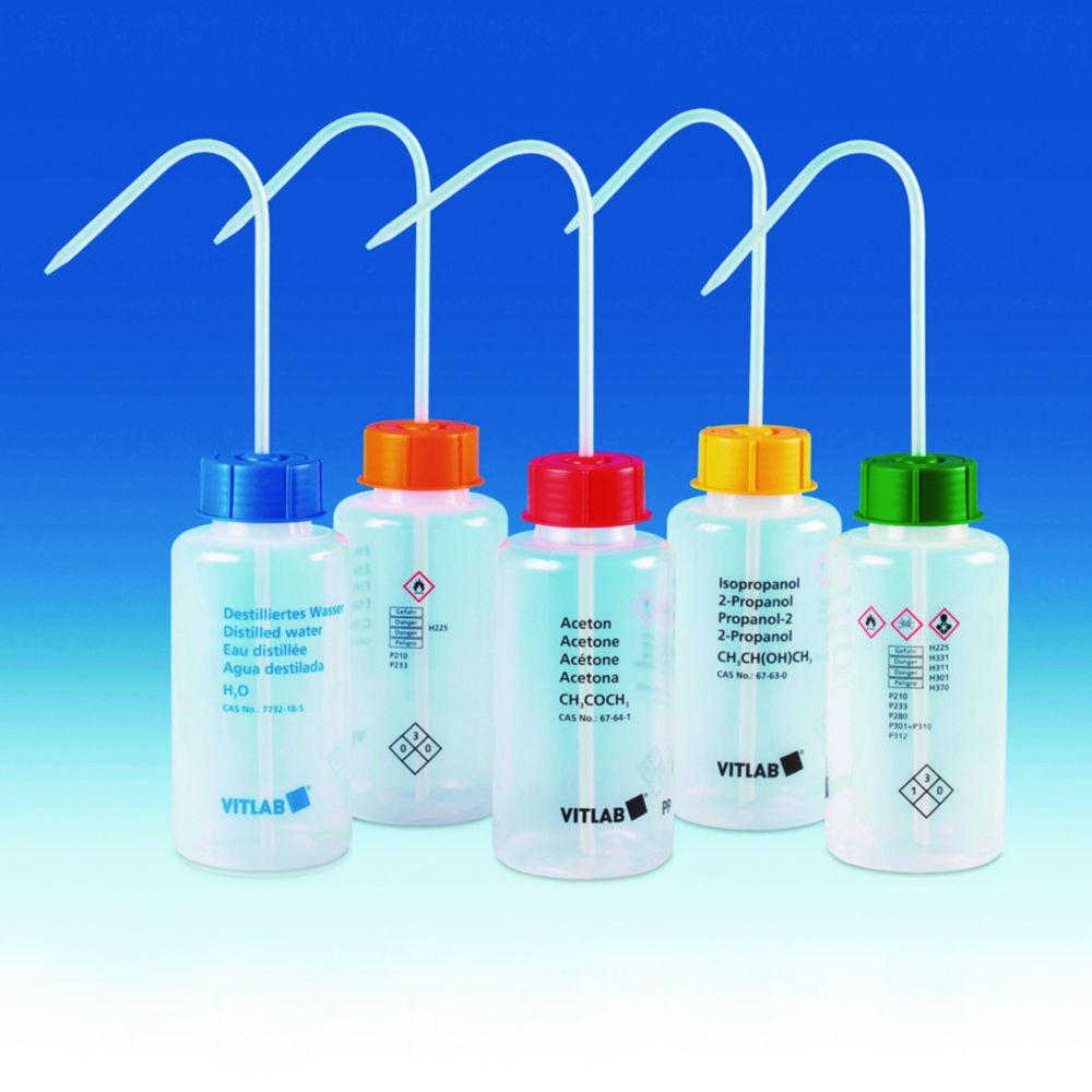 VITLAB Safety Washing Bottle 500 ml, Wide Neck, PP, GL 45, Methyl Ethyl Ketone, with Vent Cap Screw Connection