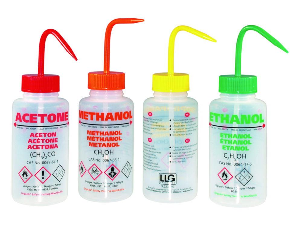 LLG Safety Vented Wash Bottle 500 mL, Ethanol, with Pressure Control Valve, LDPE, NL/GR/IT/UK